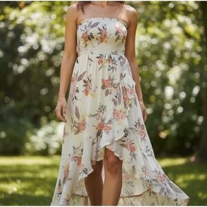 Skylar + Jade Floral Smocked Strapless High-Low Maxi Dress Cream Size Small